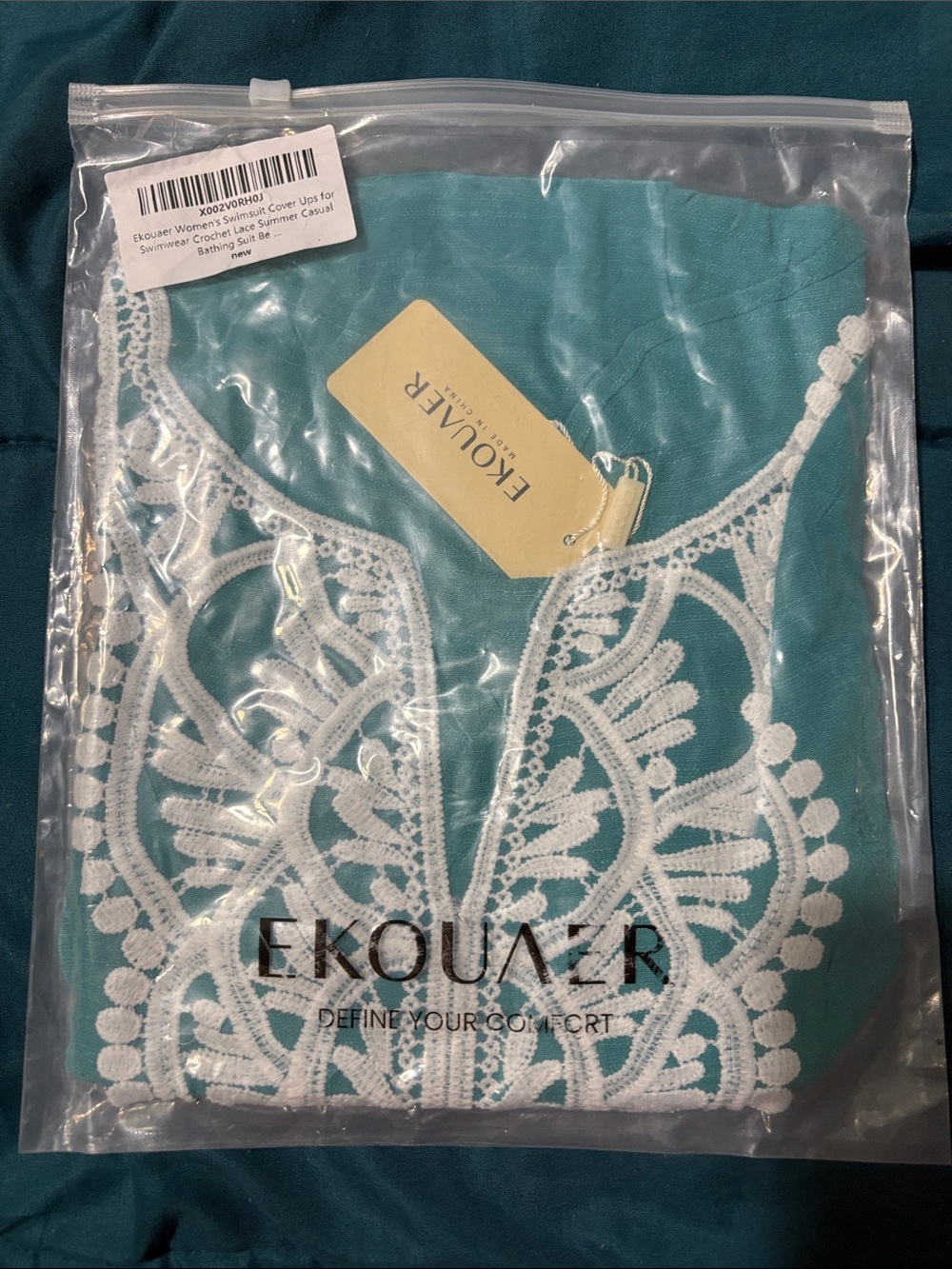 EKOUAER Teal Cover-Up with White Lace Trim